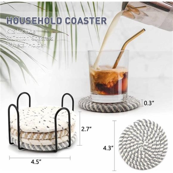 Coasters for Drinks Absorbent Woven Coaster Set with Holder Farmhouse Cute Cloth - Picture 2 of 7